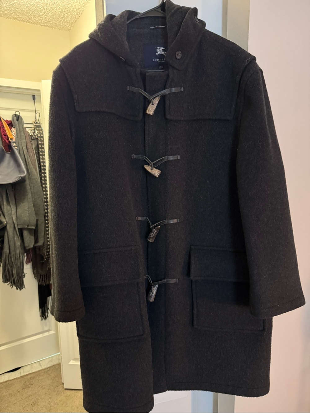 Burberry Black Wool Toggle Duffle Coat with Hood